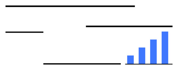 Blue bar chart ascending vertically alongside clean black lines suggests growth, performance, and progress. Ideal for data analysis, finance, business success, education, strategy, reporting