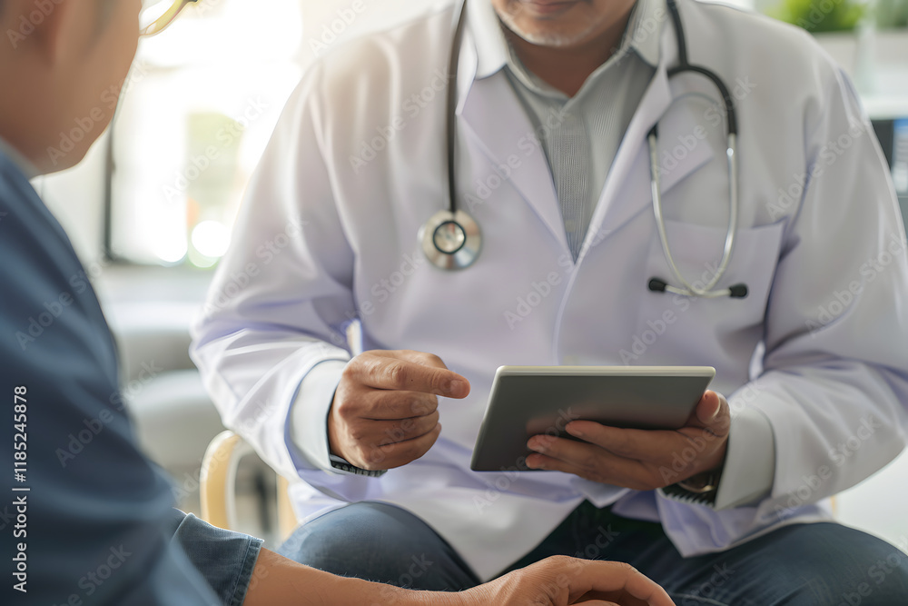 Poster doctor and patient consulting using tablet computer