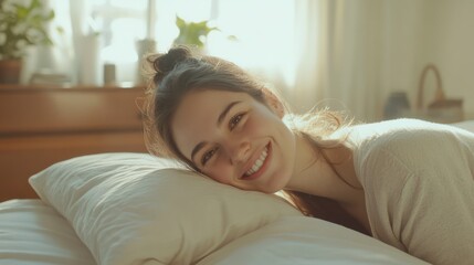 Morning Sunshine: A young woman smiles radiantly, lying comfortably in bed, bathed in the warm glow of morning sunlight streaming through a window.  The scene exudes serenity and happiness.
