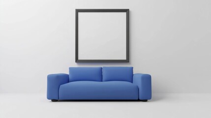 a blue couch in a white room with a picture frame