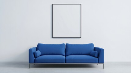 a blue couch in a white room with a blank picture frame