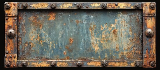 Rusty Metal Plate with Rivets and  a Blueish Tint in the Center.
