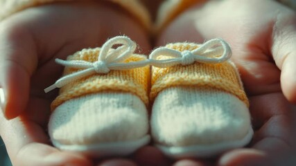 Soft knitted baby shoes held in loving hands, perfect gift for newborns, showcasing warmth and care in nursery. Ideal for baby showers and new beginnings.