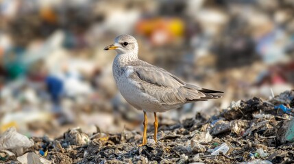 Close-up of a bird looking for food in a garbage dump. Mountain of garbage with a hungry bird looking for food.