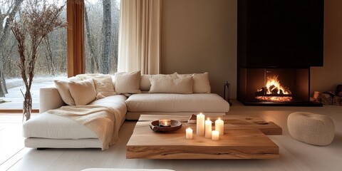cozy living room, minimalist design, neutral tones, fireplace, wooden coffee table, candles, soft lighting, white sofa, beige pillows, modern interior, hygge atmosphere, clean lines, warm ambiance, el