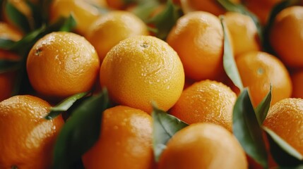 a pile of oranges with leaves on them