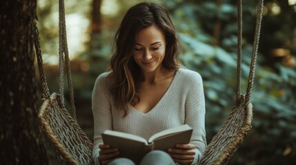 Woman Reading on Swing: Lost in a World of Words: A young woman with a warm smile relaxes on a hanging swing in a leafy forest, fully engrossed in her book,  finding solace and escape in the pages.