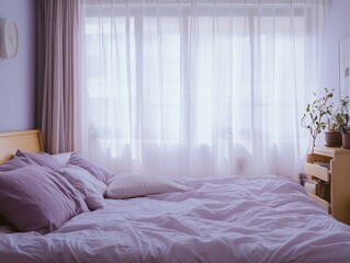Lavender Bedroom Featuring Unmade Bed and Sheer Curtains