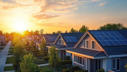 Modern Townhouse with Solar Panels in Serene Suburban Neighborhood at Dawn