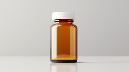 A clear amber glass bottle with a white lid, ideal for storing laboratory liquids or pharmaceuticals in a clean environment. Sunglow. Illustration