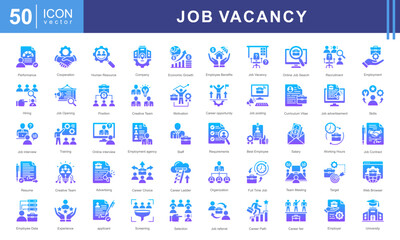 Job Vacancy icon collection set. Containing online job search, requirements, recruiting, employment, human resource management, employee skills, career ladder icon. Simple vector illustration.