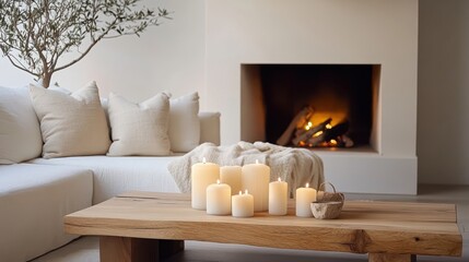 cozy living room, minimalist design, neutral tones, fireplace, wooden coffee table, candles, soft lighting, white sofa, beige pillows, modern interior, hygge atmosphere, clean lines, warm ambiance, el