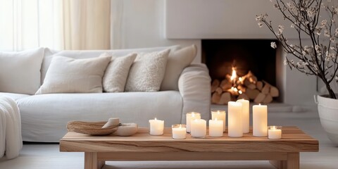 cozy living room, minimalist design, neutral tones, fireplace, wooden coffee table, candles, soft lighting, white sofa, beige pillows, modern interior, hygge atmosphere, clean lines, warm ambiance, el