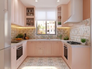 Lovely Pink Kitchen With Floral Tile Backsplash