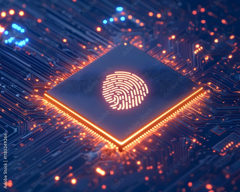 Poster fingerprint icon on illuminated microchip