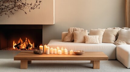 cozy living room, minimalist design, neutral tones, fireplace, wooden coffee table, candles, soft lighting, white sofa, beige pillows, modern interior, hygge atmosphere, clean lines, warm ambiance, el