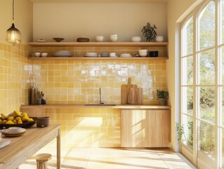 Fototapeta premium Sunlit Kitchen With Yellow Tiles And Wooden Accents