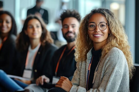 Engaged professionals in a lively corporate panel discussion at a conference event