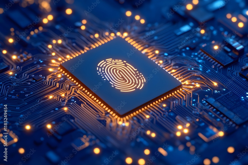 Poster fingerprint icon on microchip circuit board