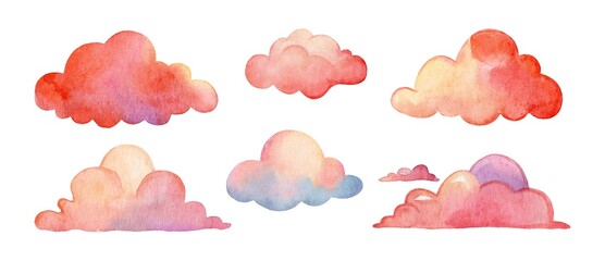 Colorful watercolor clouds in various shapes and sizes against a white background