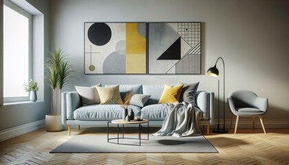 Modern living room, minimalist decor, light blue sofa, abstract geometric art, yellow accents, gray walls, wooden floor, black floor lamp, coffee table with plants, cozy interior design, Scandinavian 