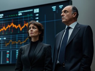 Fototapeta premium Strategic Partnership: A serious man and woman in business attire stand thoughtfully before a large screen displaying dynamic financial data.