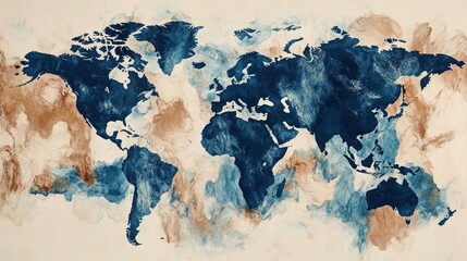 A stylized world map in blue and brown tones, emphasizing geography and artistic design.