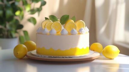 a cake with lemons and meringue on a plate