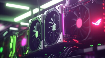 Close-up of computer graphics cards in a tech setup with colorful lighting.