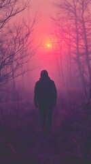 Silhouette of a person walking through a misty forest at sunset.