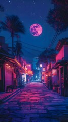 A vibrant night scene in an urban alley with a large glowing moon overhead.