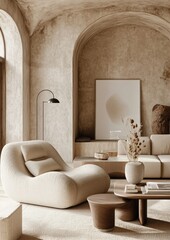 Fototapeta premium Cozy Modern Living Room with Curved Furniture and Minimalist Decor in Scandinavian Style