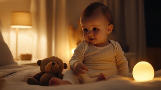 Sweet Dreams: A precious baby, bathed in the warm glow of a nightlight, smiles sweetly at their favorite teddy bear. Innocence and wonder fill the room, creating a tender and heartwarming scene.