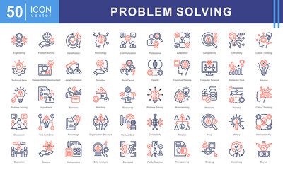 Problem Solving icon collection set. Containing process, achieving goal, solutions, resources, knowledge, professionals, identify icon. Simple vector illustration.