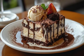 Decadent Chocolate Cake and Ice Cream Dessert with Marshmallows and Chocolate Sauce