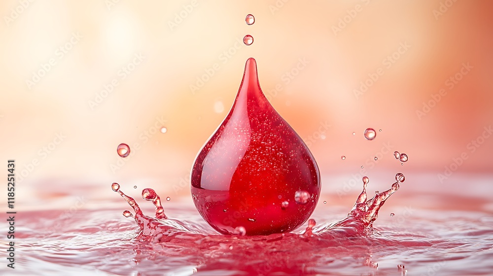 Poster red liquid drop splashing into water, creating a crown splash.