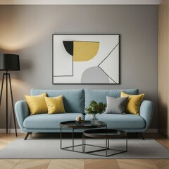 Modern living room, minimalist decor, light blue sofa, abstract geometric art, yellow accents, gray walls, wooden floor, black floor lamp, coffee table with plants, cozy interior design, Scandinavian 