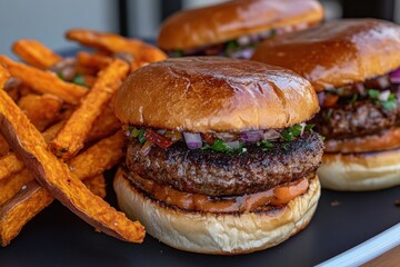 Gourmet Sliders with Cheese Bacon Pulled Pork and Crab Cake on Buns with Sweet Potato Fries