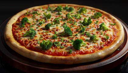 A close-up of a delicious pizza topped with melted cheese, tomato sauce, and broccoli florets.