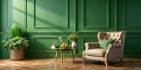 Green-walled minimalist room showcases a vintage armchair; classic interior styling ideal for elegant food photography.