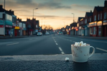 Cozy winter evening with a warm cup of hot chocolate topped with marshmallows, set against a quiet street at sunset with a tranquil atmosphere