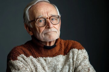 Elderly Man in Cozy Sweater Portrait on Gray Background Emotional Expression Memory Loss Awareness