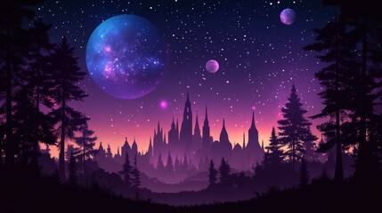 Naklejka premium A mesmerizing celestial landscape with a mystical castle silhouette beneath a vibrant starry sky, adorned by multiple planets and cosmic wonders