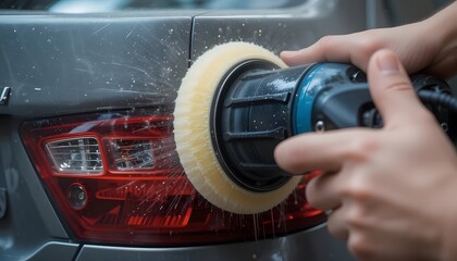 Close up view of polisher tool rotating and polishing car tail lights