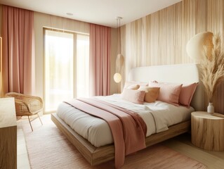 Fototapeta premium Modern Bedroom Design With Neutral Tones And Natural Textures