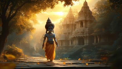 Divine Krishna Walking Through Ancient Village Illuminated by Golden Light