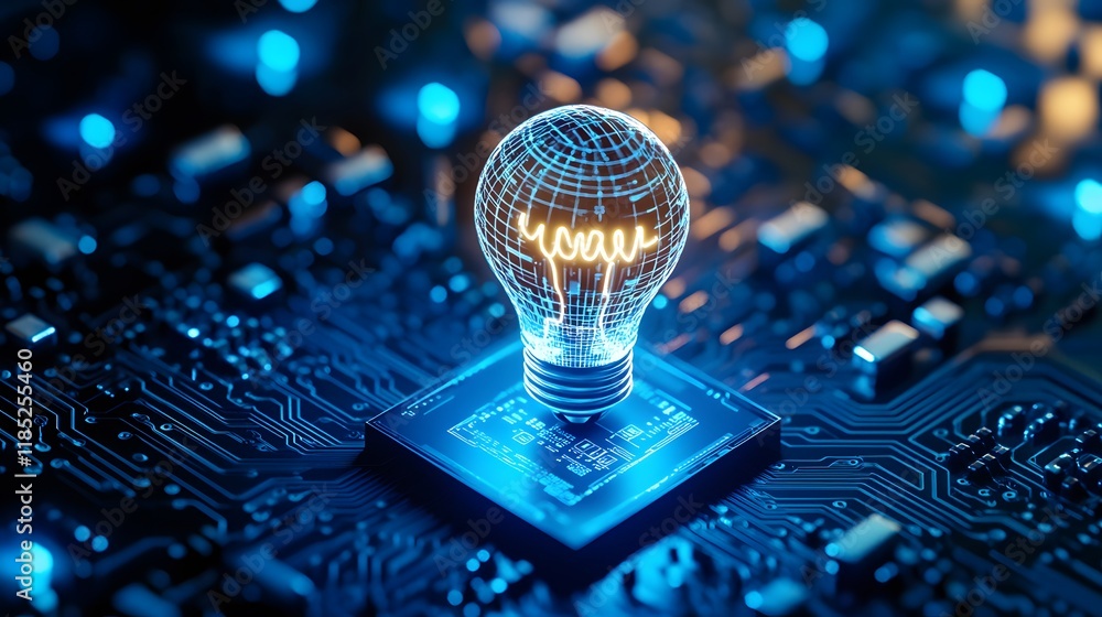 Aufkleber illuminated lightbulb on microchip circuit board