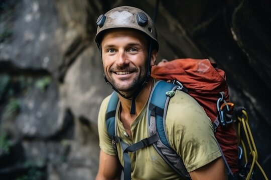 Portrait of a happy male climber smiling at the camera while standing in a cave