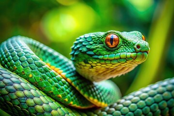 Obraz premium Rainforest reptile: A close-up showcases the Green Tree Viper's deadly beauty through tilt-shift macro photography.