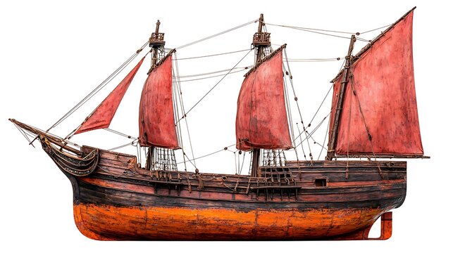 Antique wooden sailing ship model with red sails, isolated on white background. - Powered by Adobe